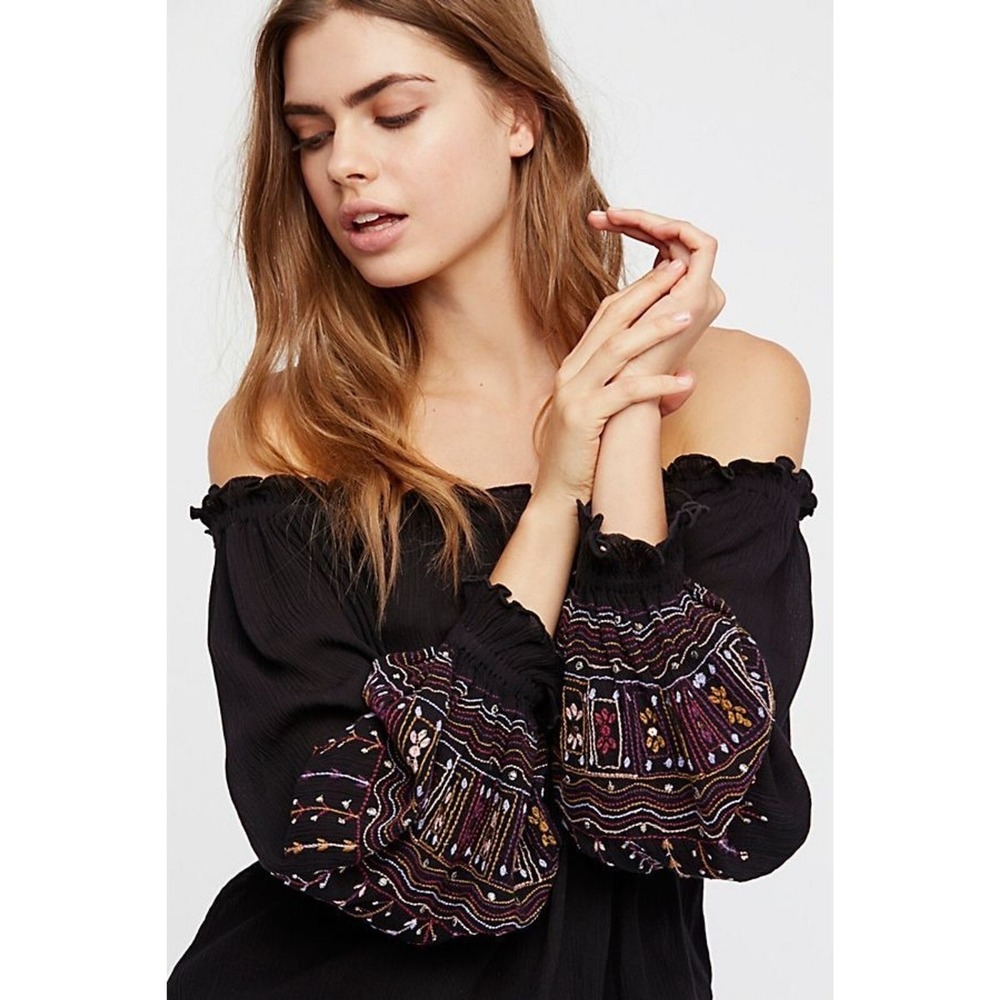 Free People Intimately Ella Bodysuit XS Black Embroidery Off Shoulder Whimsigoth - Picture 2 of 13